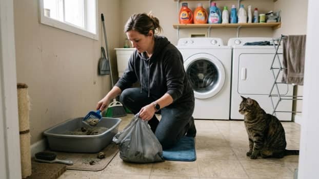 person scooping cat litter box in laundry room daily routine