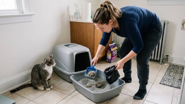 Person scooping a litter box during daily cleaning routine with a cat nearby