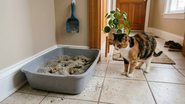 dirty litter box with visible waste and cat hesitating nearby