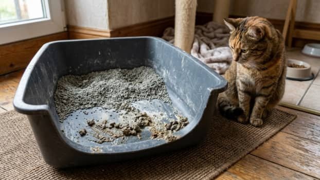 Dirty litter box with stuck litter and residue buildup causing odor