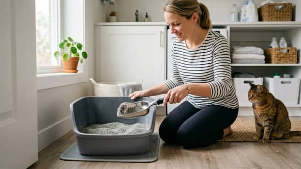 Person easily scooping a litter box with a sturdy cat litter scoop