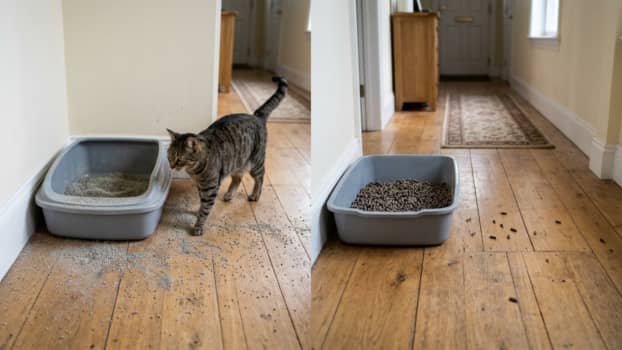 fine cat litter vs pellet litter showing difference in tracking and particle size