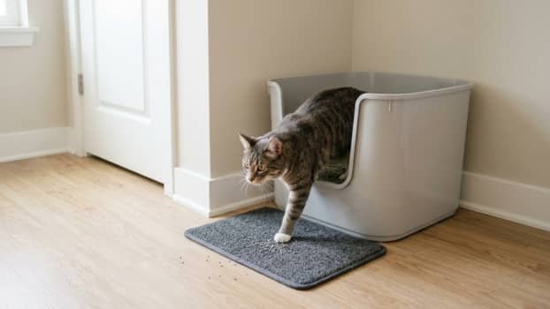Cat stepping out of high sided litter box onto mat to reduce litter tracking