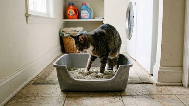 cat digging in litter box showing proper litter depth in a multi-cat setup