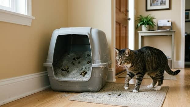 cat approaching litter box that needs more frequent scooping