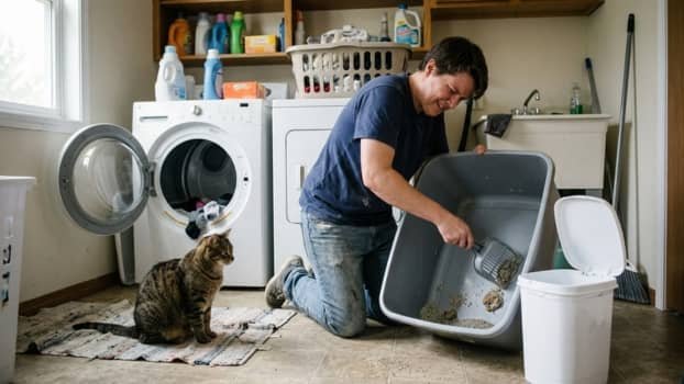 Person struggling to scoop clumps from a litter box in a laundry room