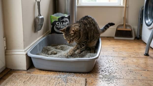 cat using litter box with litter scattered on floor causing odor buildup