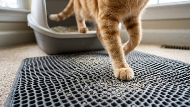 Close up of cat paw stepping on litter mat trapping litter particles