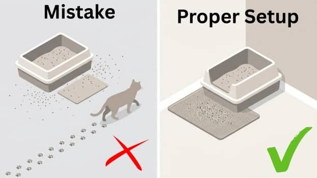 Comparison showing litter tracking with a small mat versus a proper setup with a large litter mat