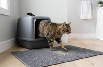 Cat stepping out of litter box onto mat as part of litter tracking solutions