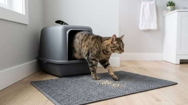 Cat stepping out of litter box onto mat as part of litter tracking solutions