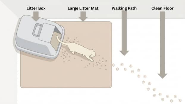 Litter box setup with large litter mat and walking path to reduce litter tracking on floors