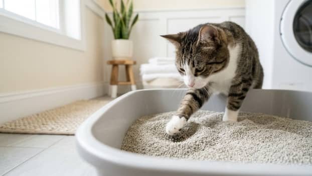 cat digging in a litter box with fine low dust cat litter in a clean laundry room