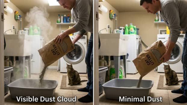 low dust vs dusty clumping cat litter comparison when pouring into litter box