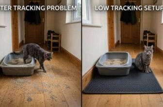 low tracking cat litter setup showing messy floor vs clean litter box area