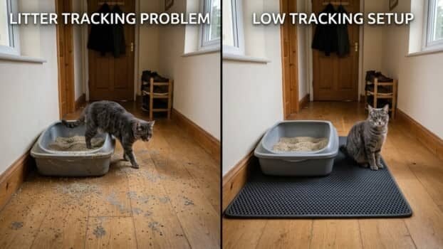 low tracking cat litter setup showing messy floor vs clean litter box area