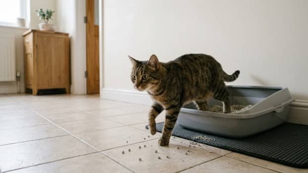 low tracking cat litter setup with litter mat helping reduce litter on floor