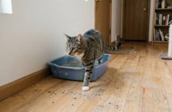 best low tracking cat litter example with cat stepping out of litter box and litter on floor