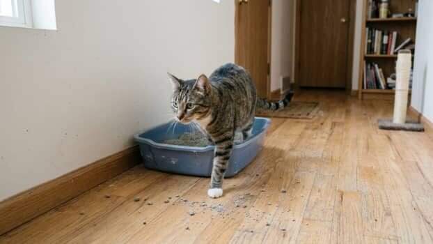 best low tracking cat litter example with cat stepping out of litter box and litter on floor
