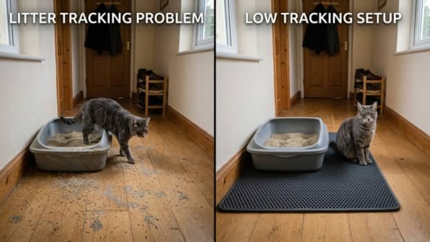 low tracking cat litter setup showing messy floor vs clean litter box area