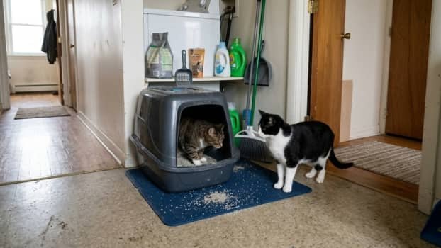 two cats using shared litter box in small home space