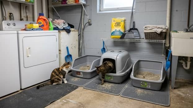 multiple litter boxes set up in a laundry room for a multi-cat household with cats using different boxes