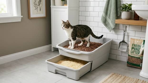 pine pellet litter box system with sifting tray separating sawdust and pellets