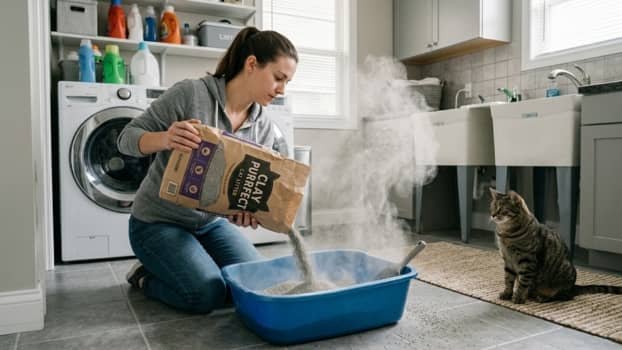 pouring clay cat litter into litter box creating visible dust cloud indoors