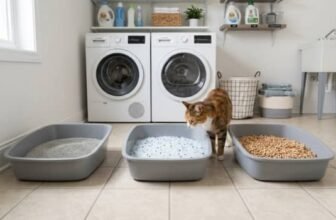 types of cat litter comparison showing clumping crystal and pellet litter with a cat choosing between them