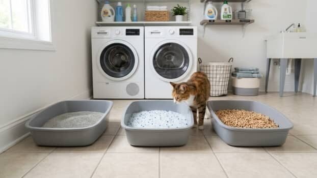 types of cat litter comparison showing clumping crystal and pellet litter with a cat choosing between them