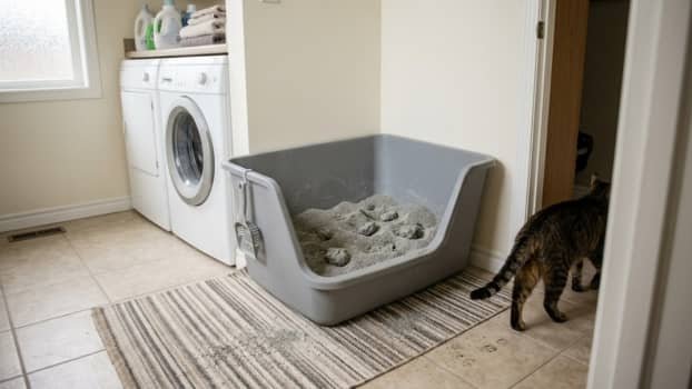 used clay cat litter box with clumps after several days in laundry room