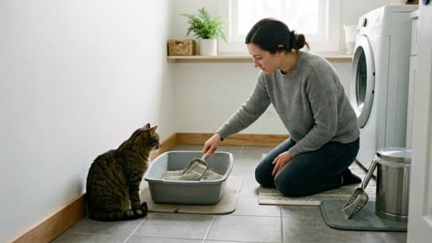 person scooping litter box with cat nearby