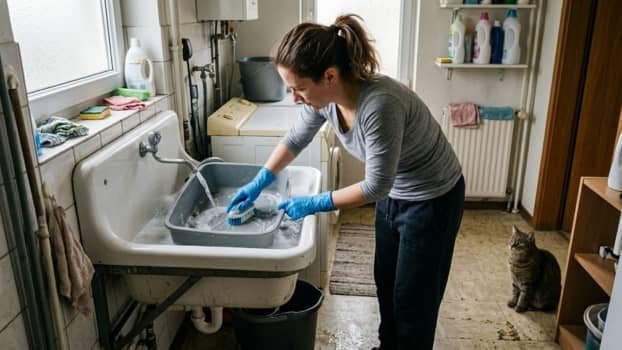 Person washing a litter box in a utility sink using a brush while a cat watches nearby