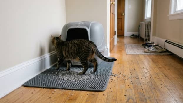 low tracking cat litter example showing litter scattered on floor near litter box