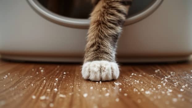 close up of cat paw with clumping litter stuck and scattered on floor near litter box