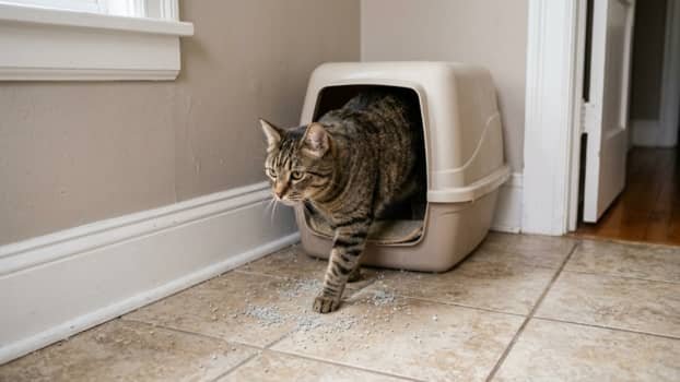 cat walking out of litter box with litter scattered on floor showing why clumping cat litter tracks