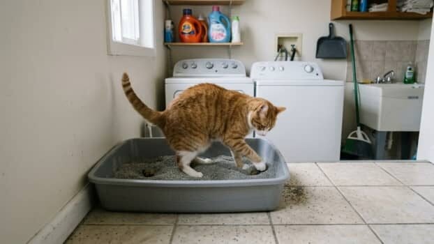 Bentonite clay cat litter in litter box after a few weeks with cat digging in laundry room