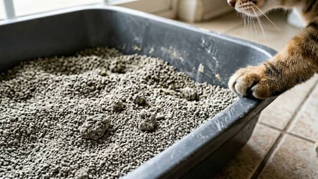 Close up of bentonite clay cat litter forming small clumps with cat paw on litter box edge