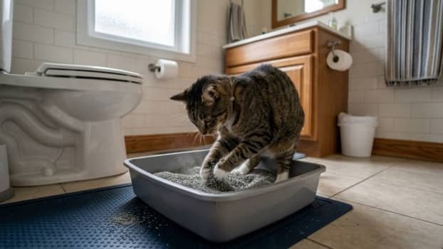 Cat digging in bentonite clay litter creating dust in litter box on mat