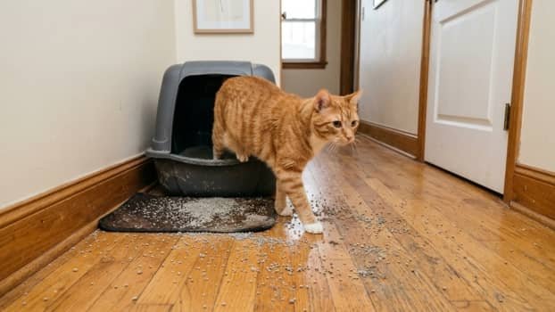 Cat walking out of litter box with bentonite clay litter tracked across floor and mat