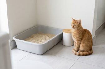 clean cat litter box with cat sitting nearby in bright bathroom