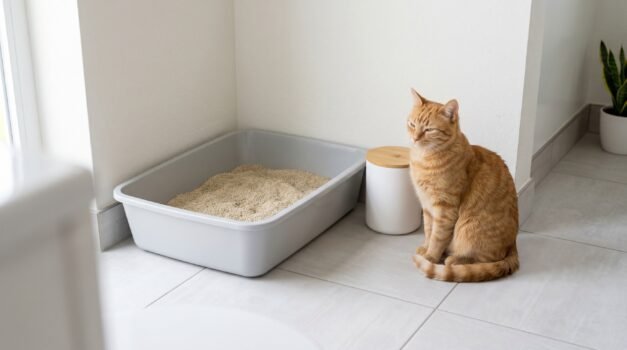 clean cat litter box with cat sitting nearby in bright bathroom