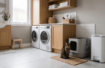 best cat litter disposal system setup next to a litter box in a clean laundry room