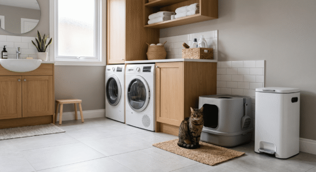 best cat litter disposal system setup next to a litter box in a clean laundry room