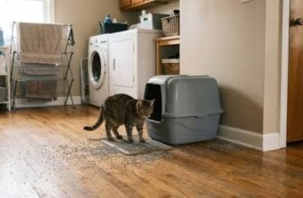 cat leaving litter box with litter scattered on hardwood floor
