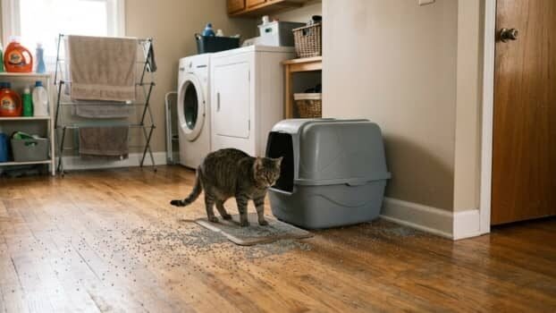 cat leaving litter box with litter scattered on hardwood floor