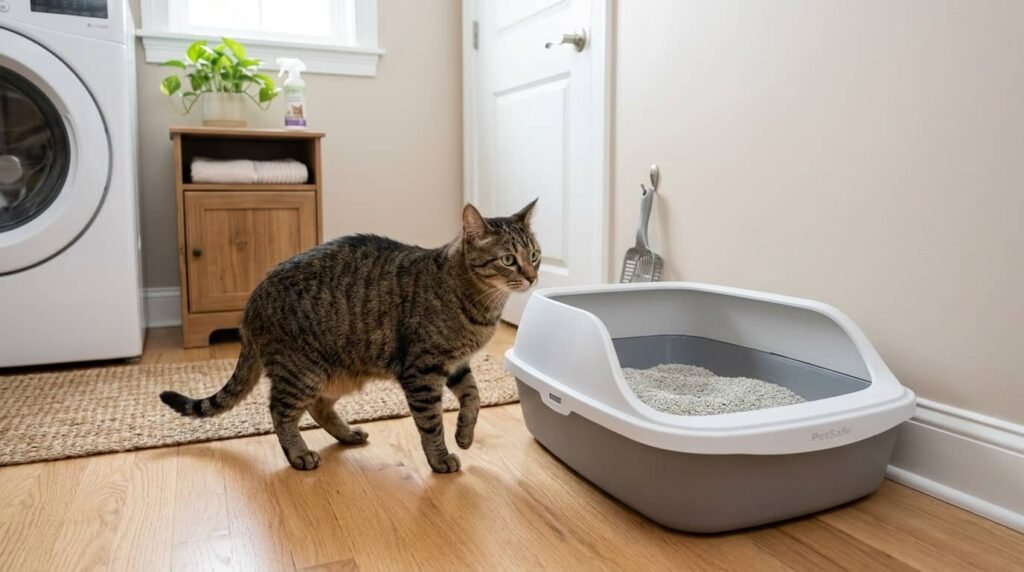 cat hesitating near litter box without going inside
