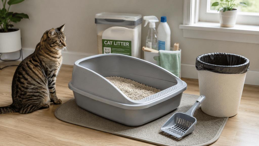 cat litter box setup with scoop trash bin and cleaning supplies in laundry room