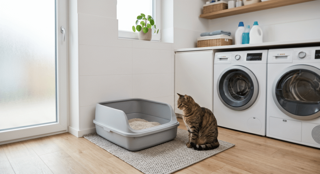 cat sitting next to litter box in laundry room during daily litter box routine