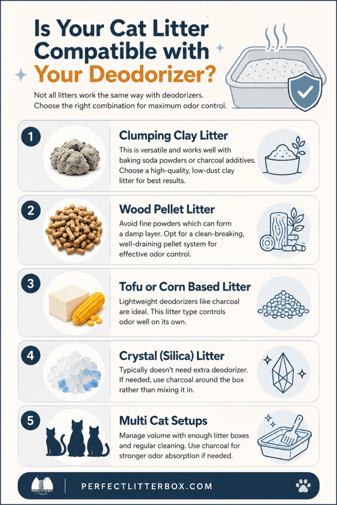 which cat litter works best with deodorizer types clay pellets tofu crystal and multi cat setups